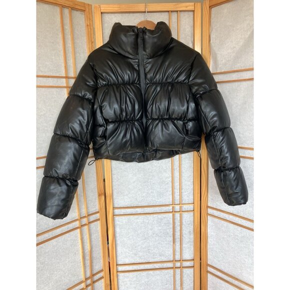 Zara Jacket Womens Small Black Faux Leather Puffer Zip Snap Front Cropped Winter - Picture 1 of 12